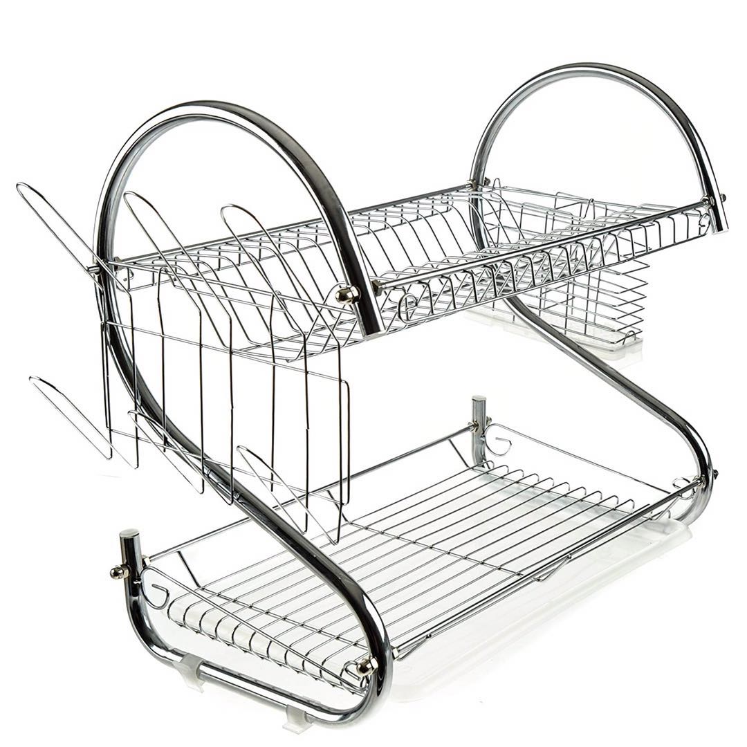 2 tier Dish Drying Rack, Large Dish Racks with Drain Board Utensil Holder Stainless Steel Generic Plate Dishes Drainer for Kitchen Counter over Sink Sturdy DrainBoard- 17 x 10 x 15 IN